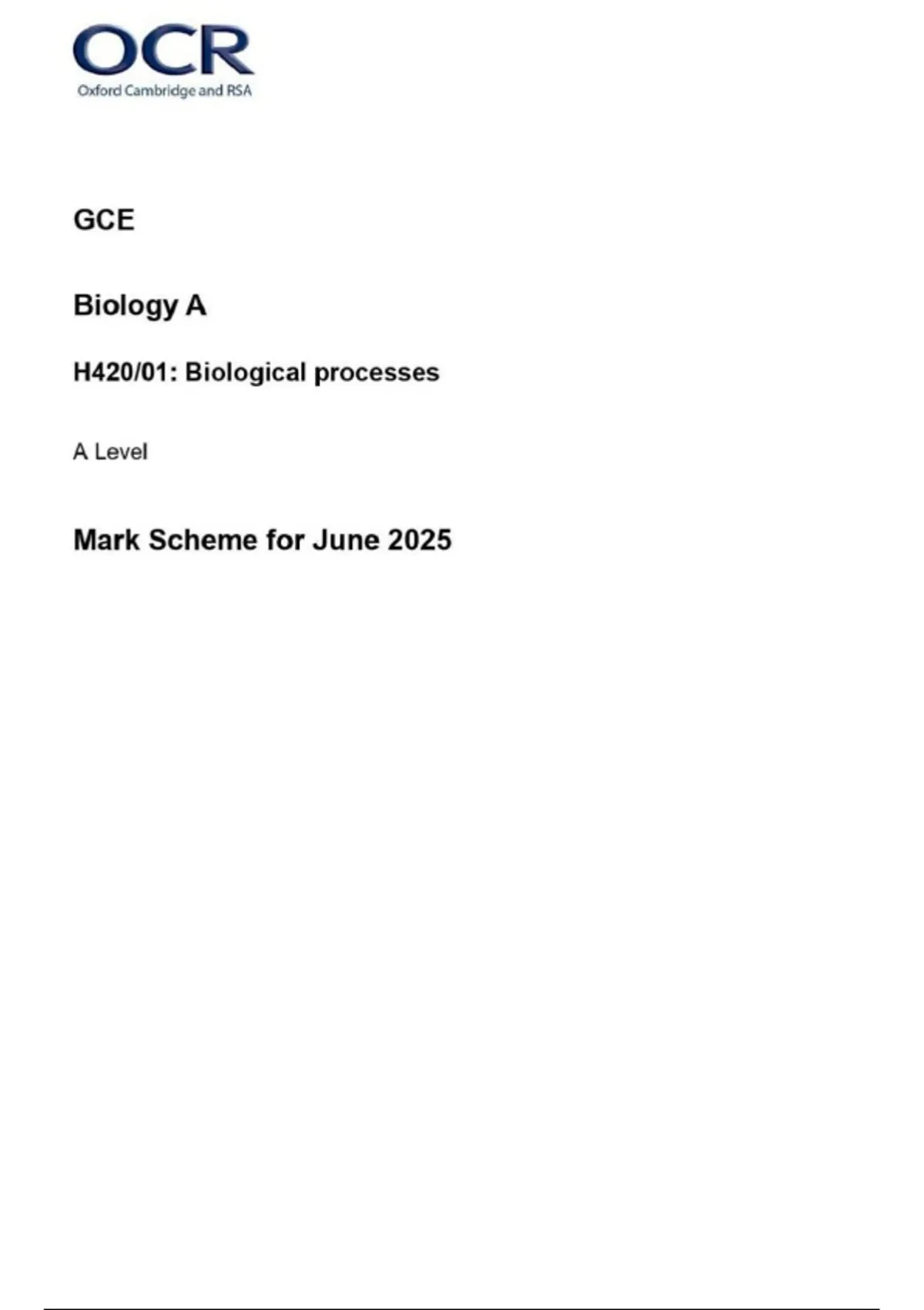 2025 OCR A Level BIOLOGY A H420 01 QUESTION PAPER AND MARK SCHEME 