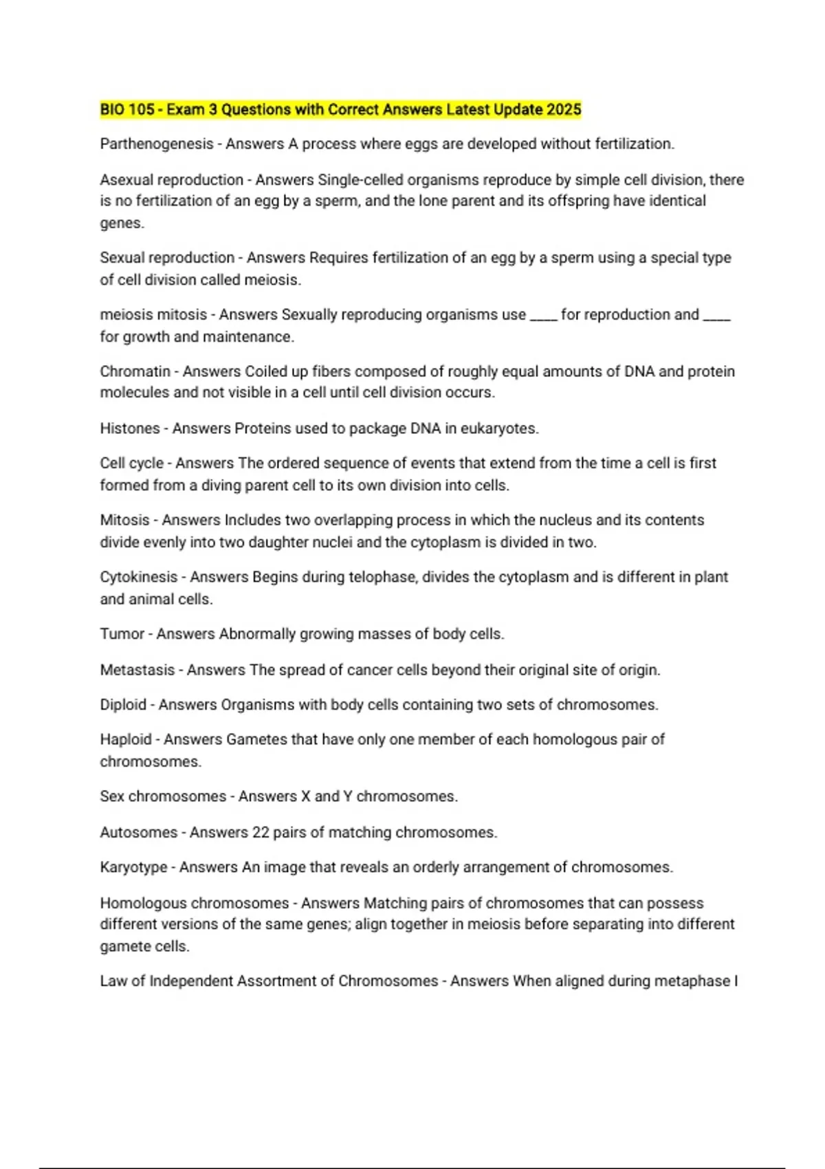 BIO 105 - Exam 3 Questions with Correct Answers Latest Update 2025 ...