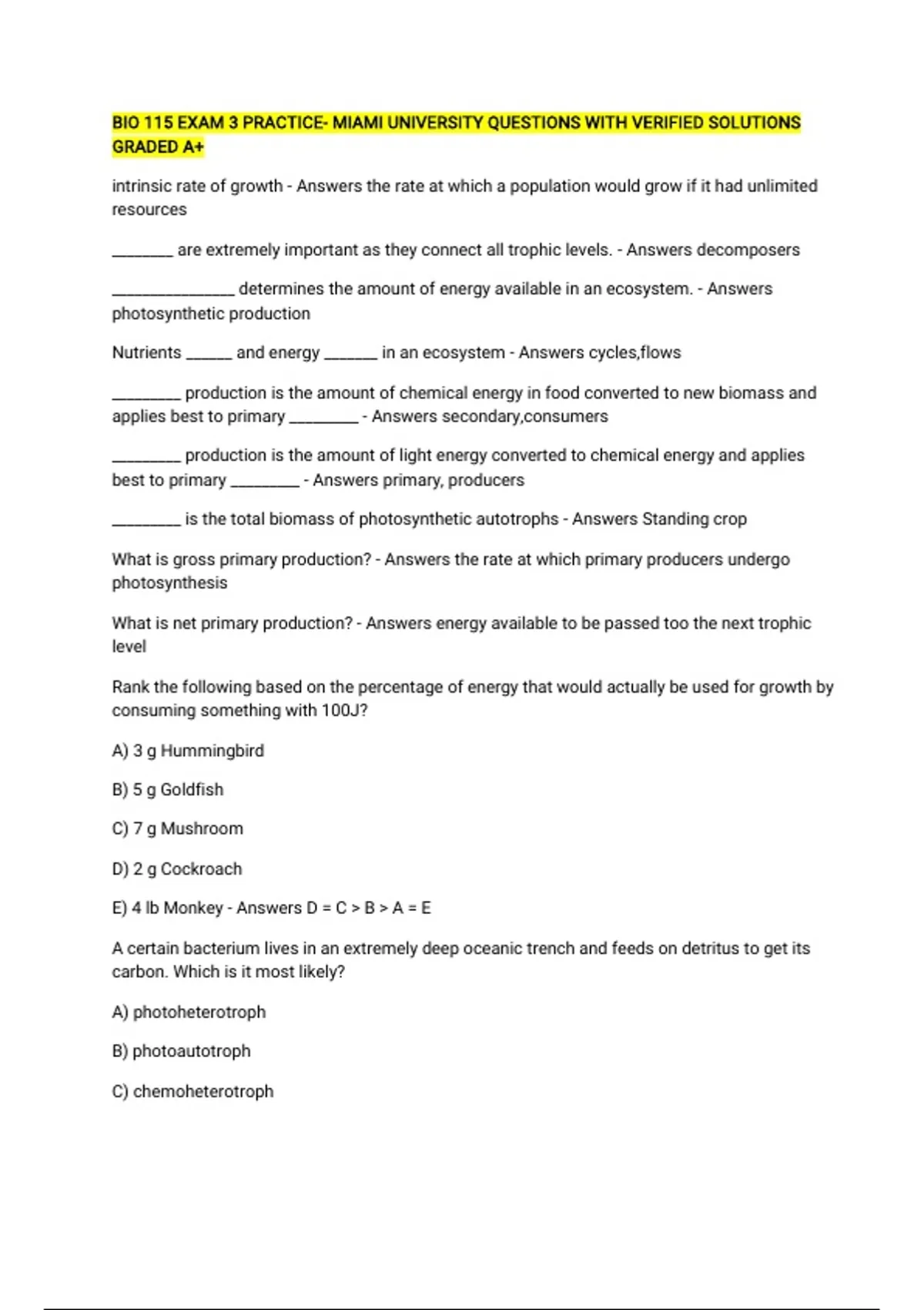 BIO 115 EXAM 3 PRACTICE- MIAMI UNIVERSITY QUESTIONS WITH VERIFIED ...