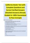 California Dealer Test with  Complete Questions and  Correct Verified Answers  &lpar;Detailed Answers&rpar; Already  Graded A&plus; 100&percnt; Guaranteed  to Pass Concepts