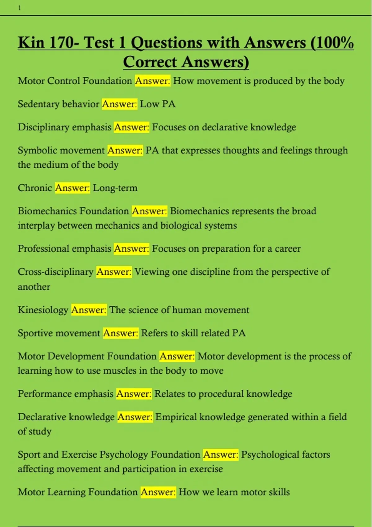 Kin 100 Kin 170- Test 1 Questions with Answers (100% Correct Answers - Kin 170 ...