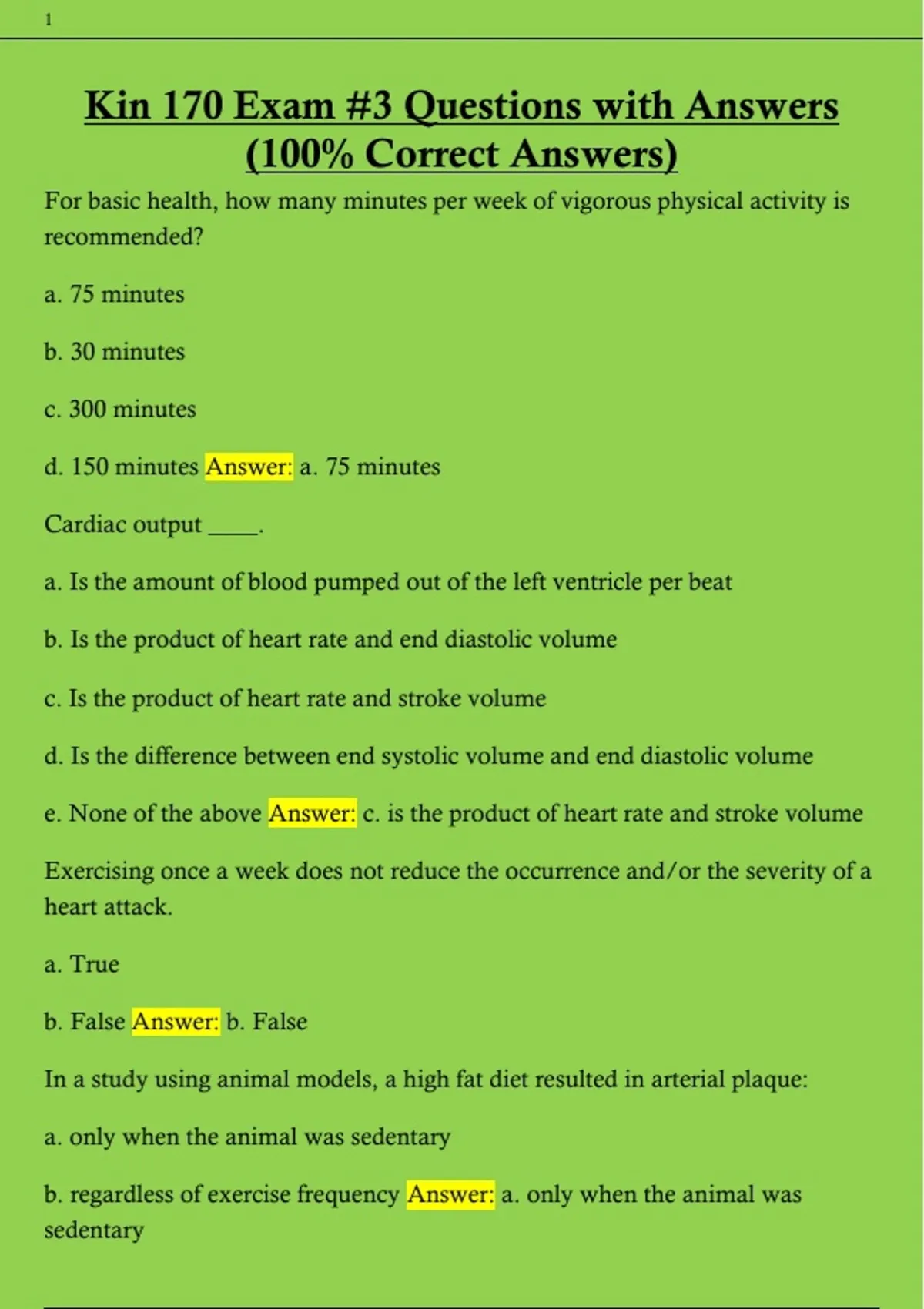 Kin 100 Kin 170 Exam #3 Questions with Answers (100% Correct Answers) - Kin 170 ...
