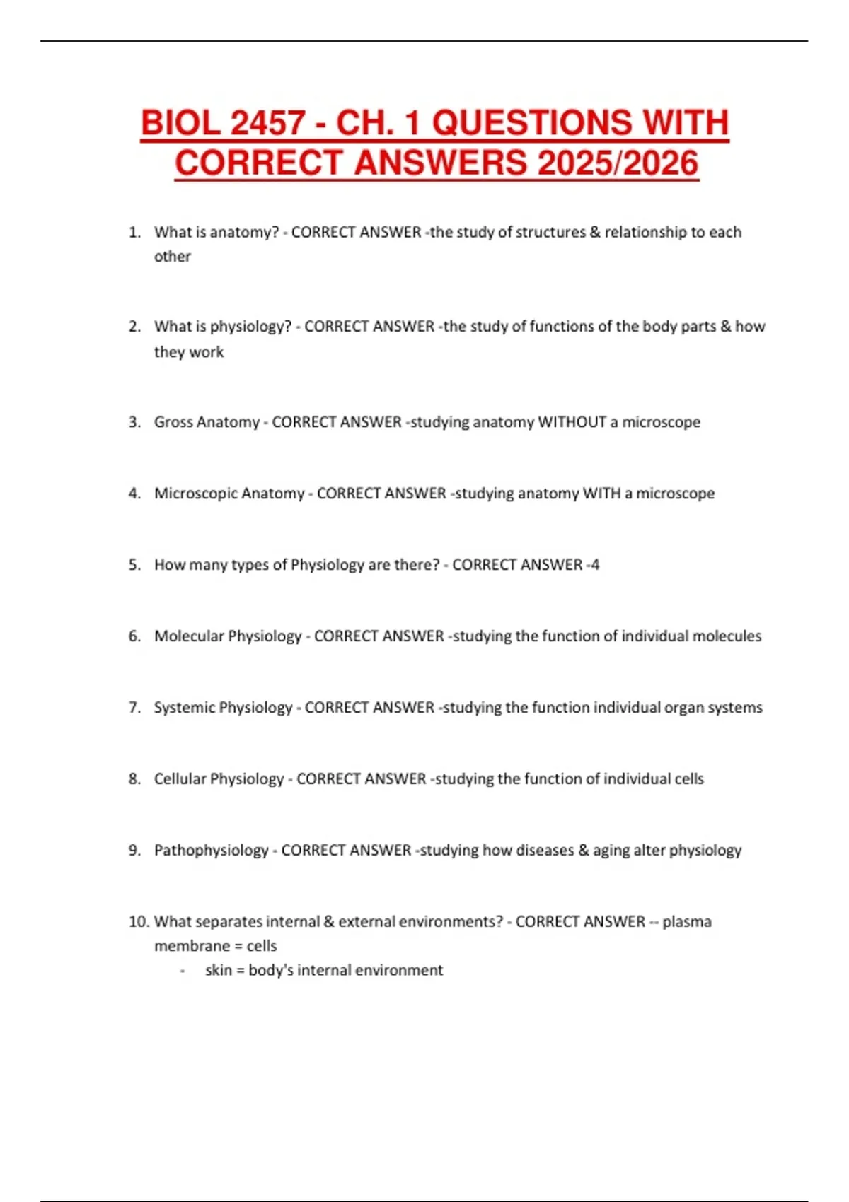 BIOL 2457 - CH. 1 QUESTIONS WITH CORRECT ANSWERS 2025/2026 - BIOL 2457 ...