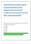 Illinois Public Water Systems Engineer  Licensing Examination Practice  Questions And Correct Answers  &lpar;Verified Answers&rpar; Plus Rationales 2026  Q&A &vert; Instant Download Pdf 
