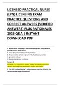 LICENSED PRACTICAL NURSE  &lpar;LPN&rpar; LICENSING EXAM  PRACTICE QUESTIONS AND  CORRECT ANSWERS &lpar;VERIFIED  ANSWERS&rpar; PLUS RATIONALES  2026 Q&A &vert; INSTANT  DOWNLOAD PDF 