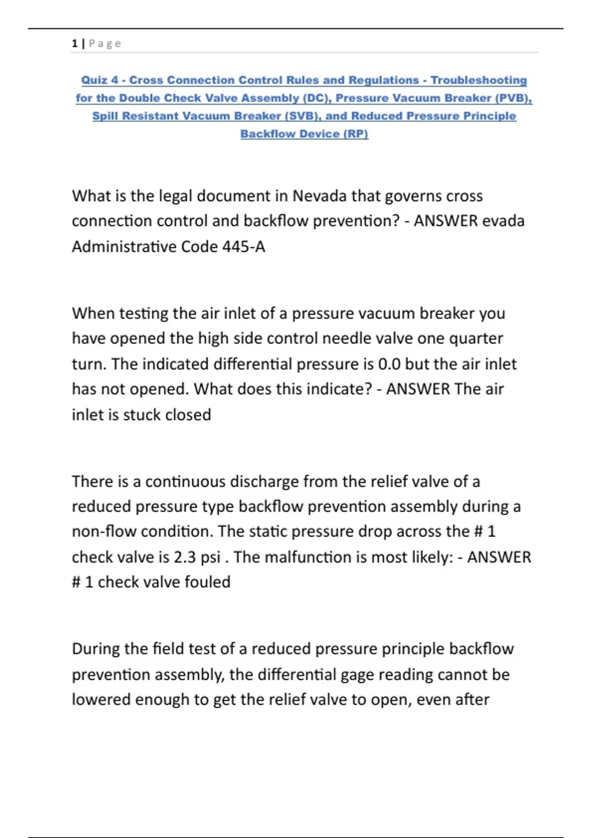 Quiz 4 - Cross Connection Control Rules and Regulations ...