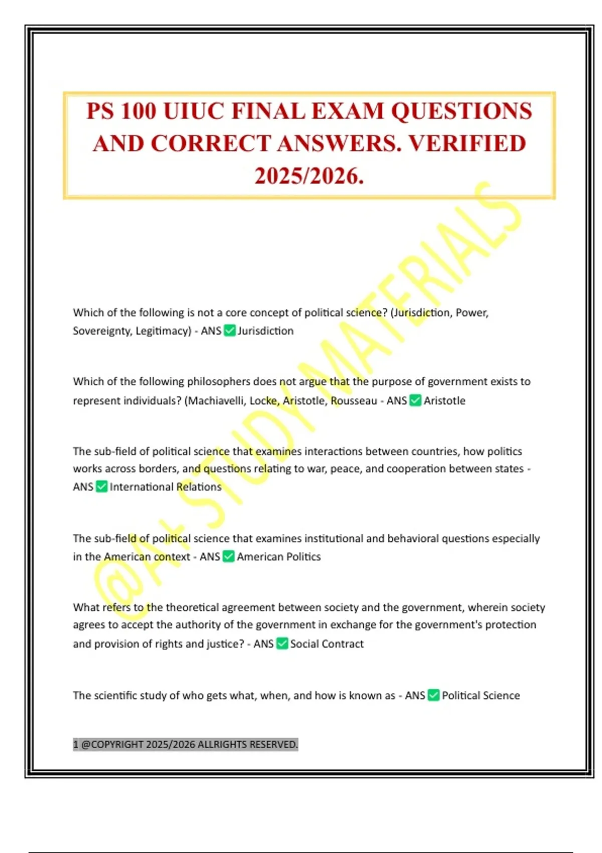 PS 100 UIUC FINAL EXAM QUESTIONS AND CORRECT ANSWERS. VERIFIED 2025/ ...