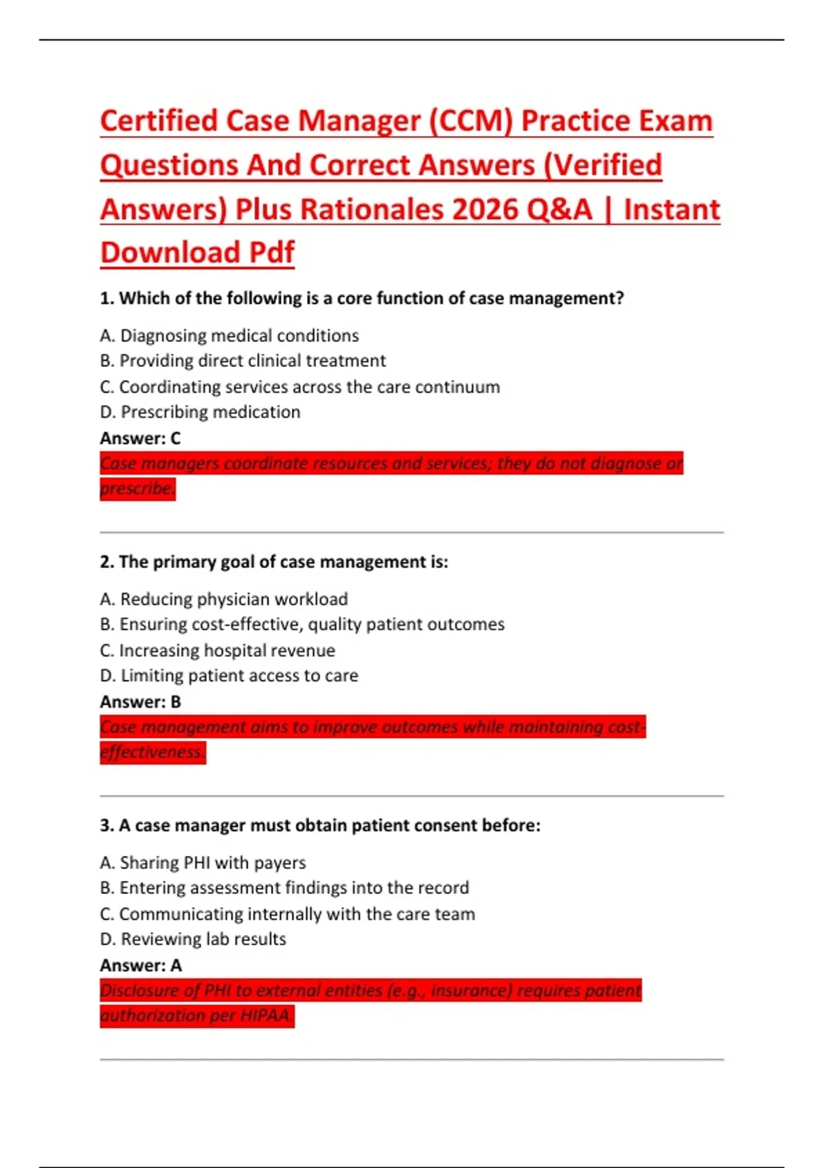 Certified Case Manager (CCM) Practice Exam Questions And Correct ...