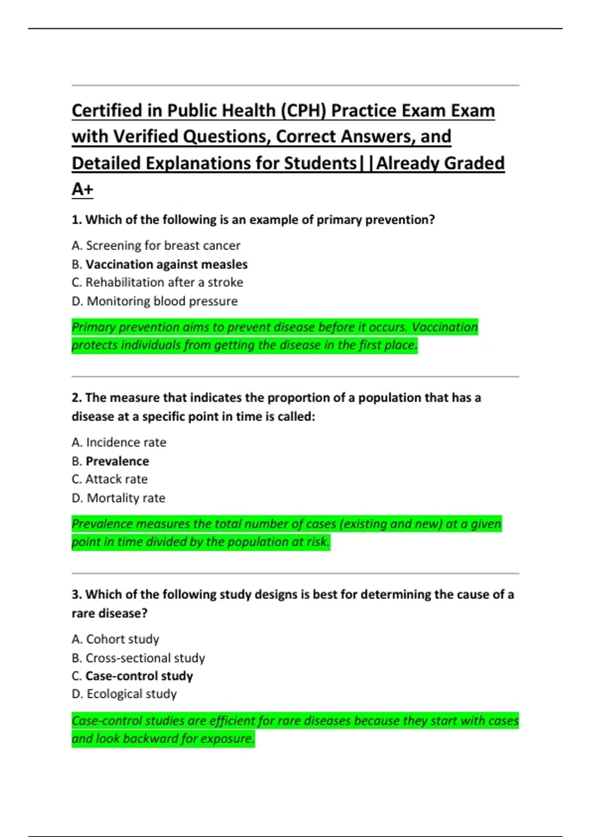 Certified in Public Health (CPH) Practice Exam Exam with Verified Questions, Correct Answers ...