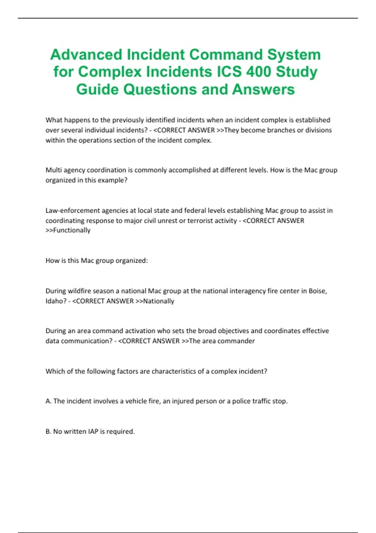 Advanced Incident Command System for Complex Incidents ICS 400 Study ...