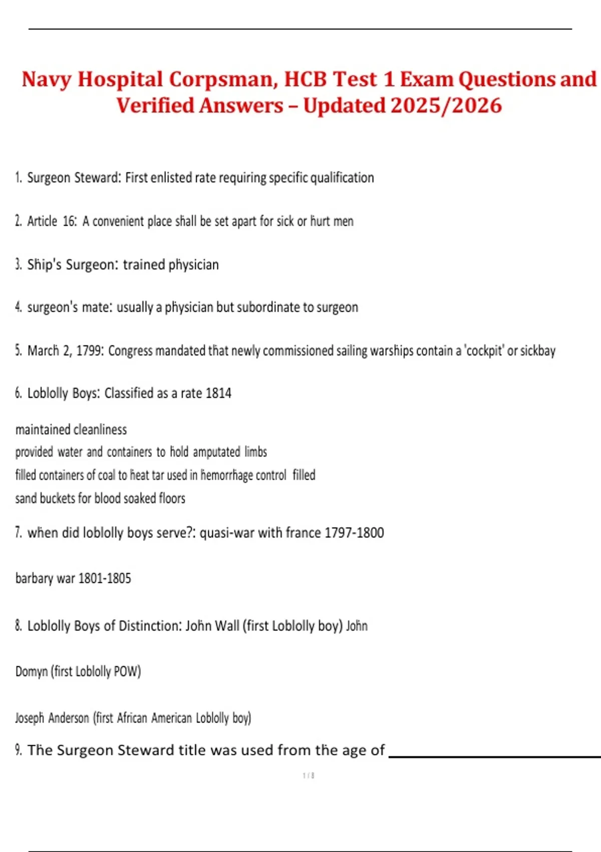 Navy Hospital Corpsman – HCB Test 1 – 2025/2026 – Exam Questions and ...