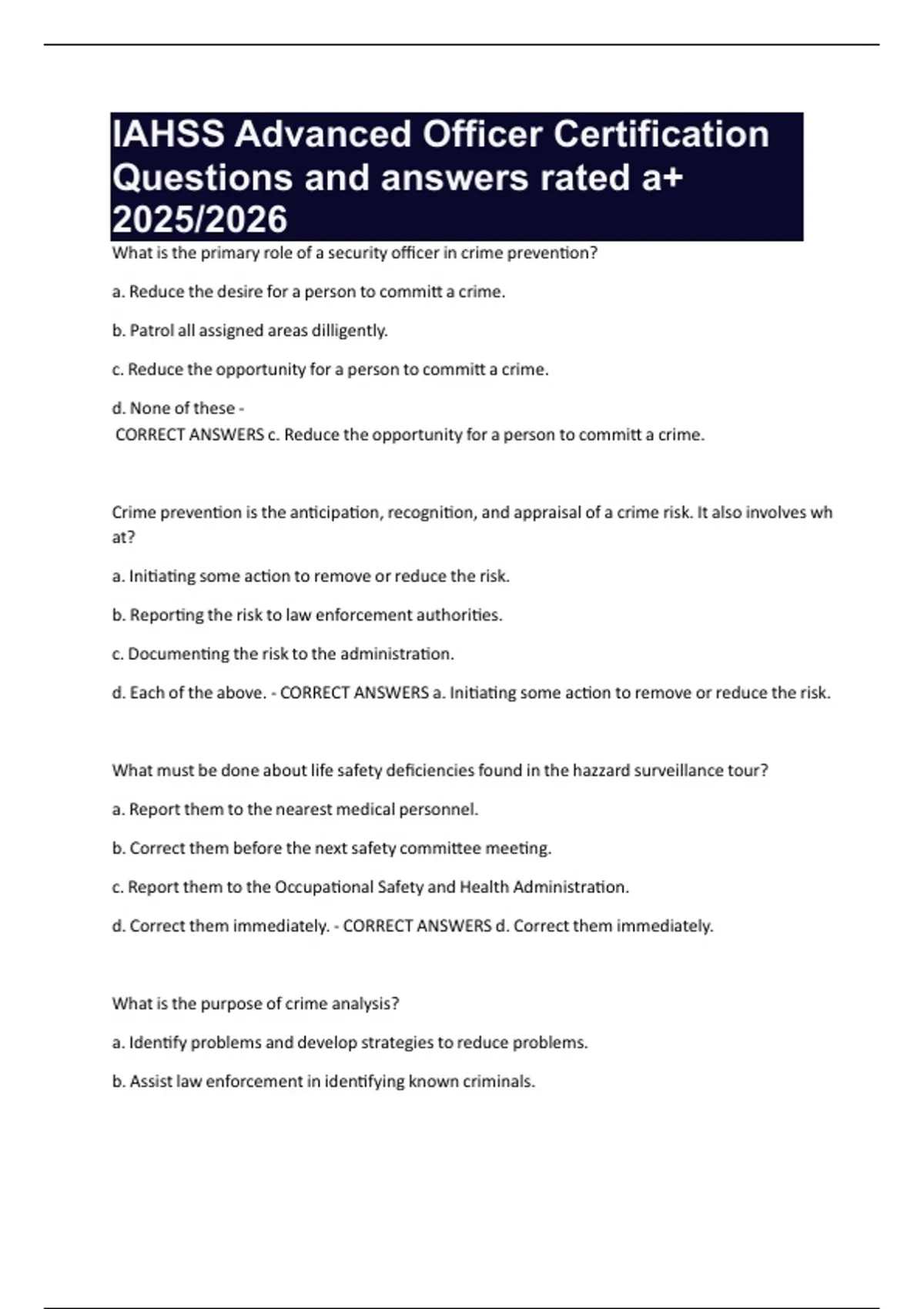 IAHSS Advanced Officer Certification Questions and answers rated a+ ...