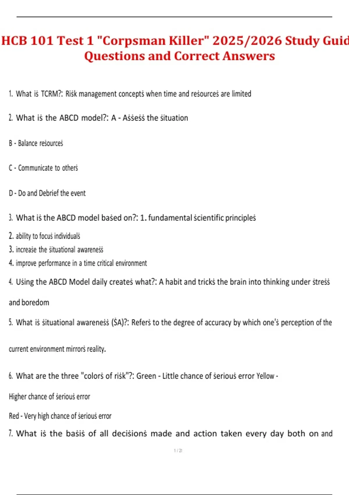 HCB 101 – Test 1 “Corpsman Killer” Study Guide Questions and Correct ...