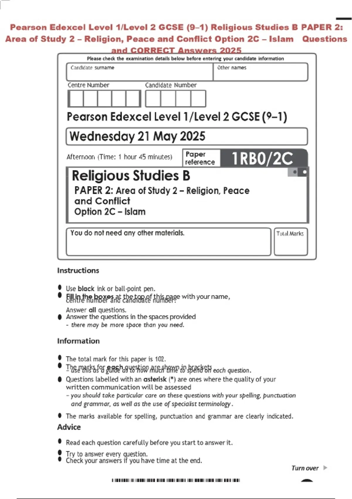 Pearson Edexcel Level 1/Level 2 GCSE (9–1) Religious Studies B PAPER 2 ...