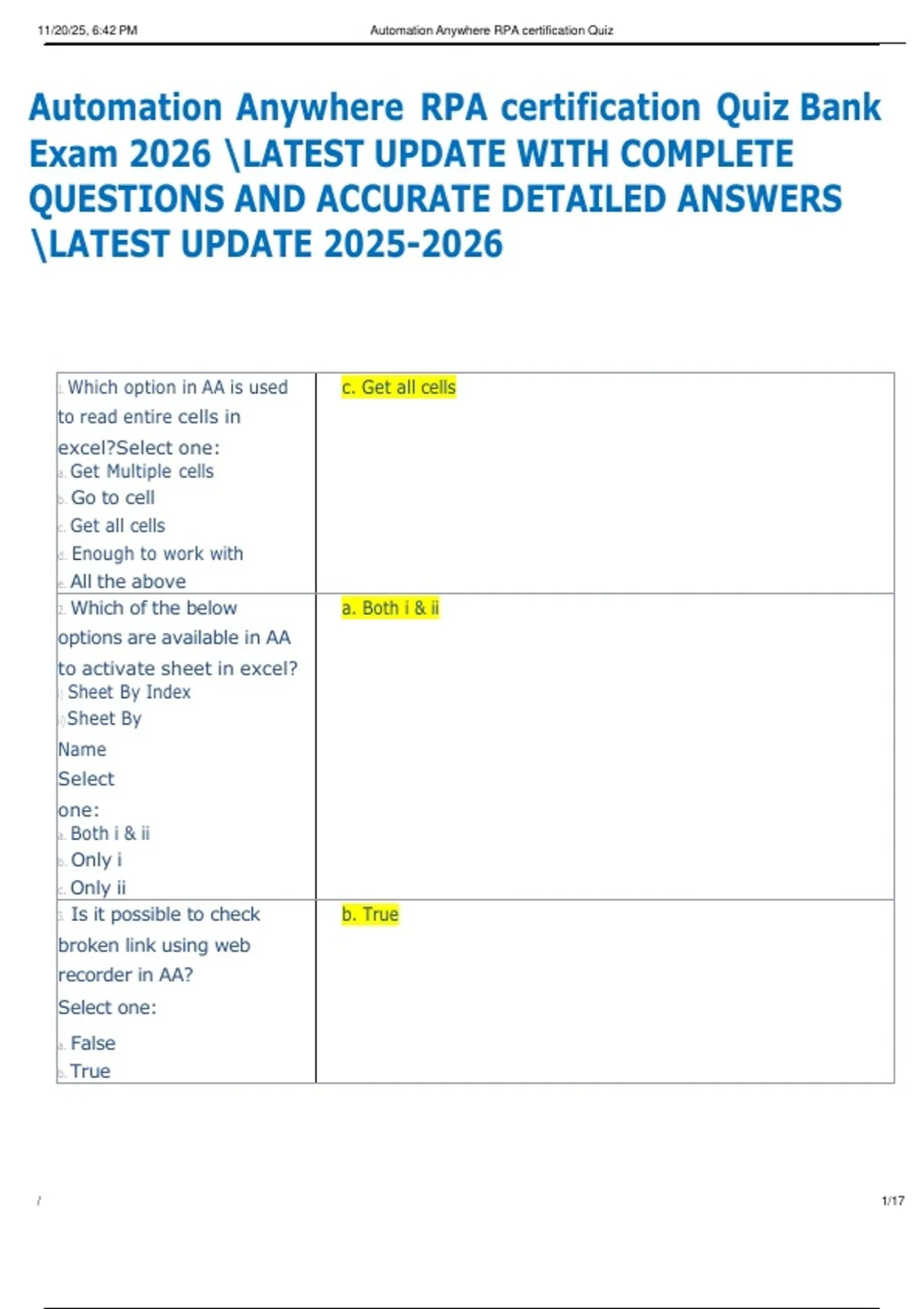 Automation Anywhere RPA certification Quiz Bank Exam 2026 LATEST UPDATE ...