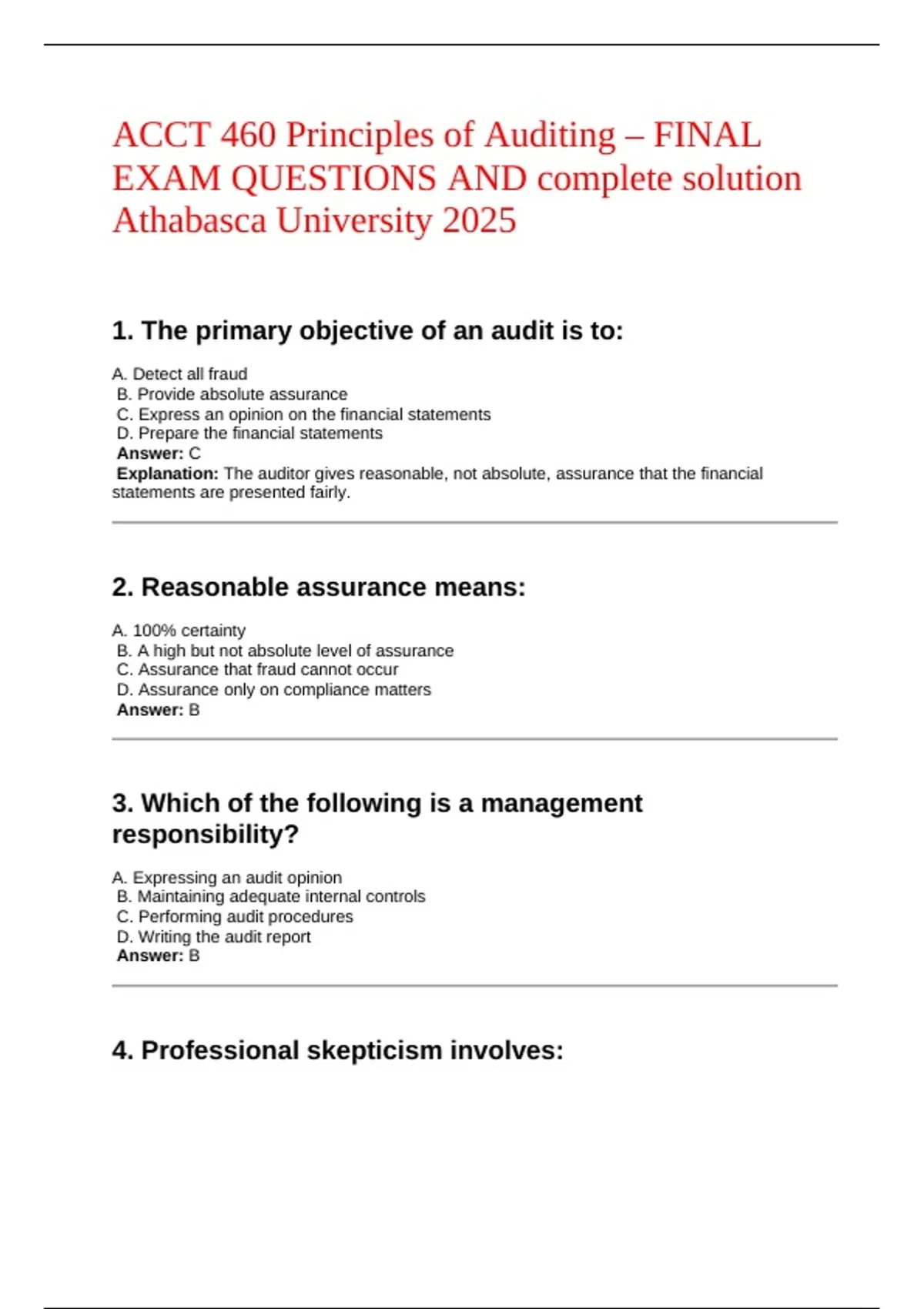 ACCT 460 Principles of Auditing – FINAL EXAM QUESTIONS AND complete ...