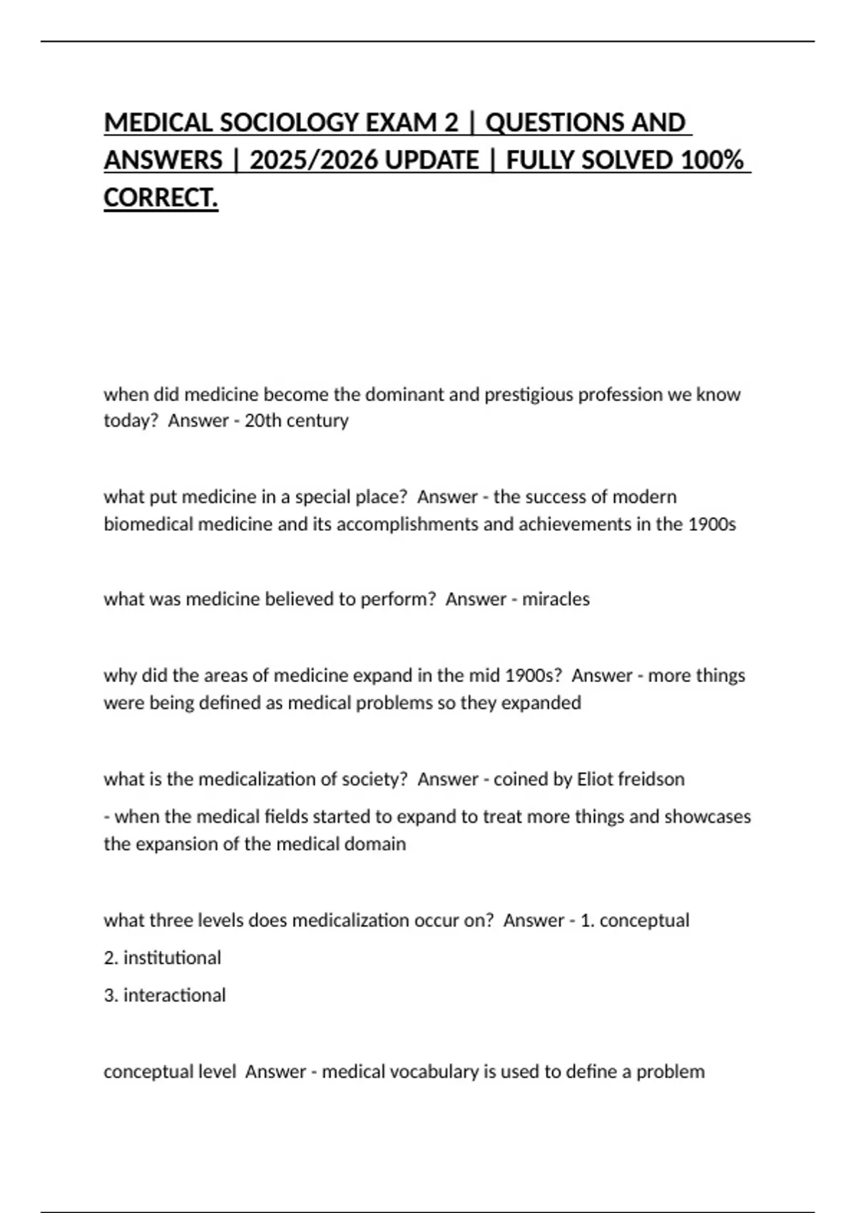 MEDICAL SOCIOLOGY EXAM 2 | QUESTIONS AND ANSWERS | 2025/2026 UPDATE ...