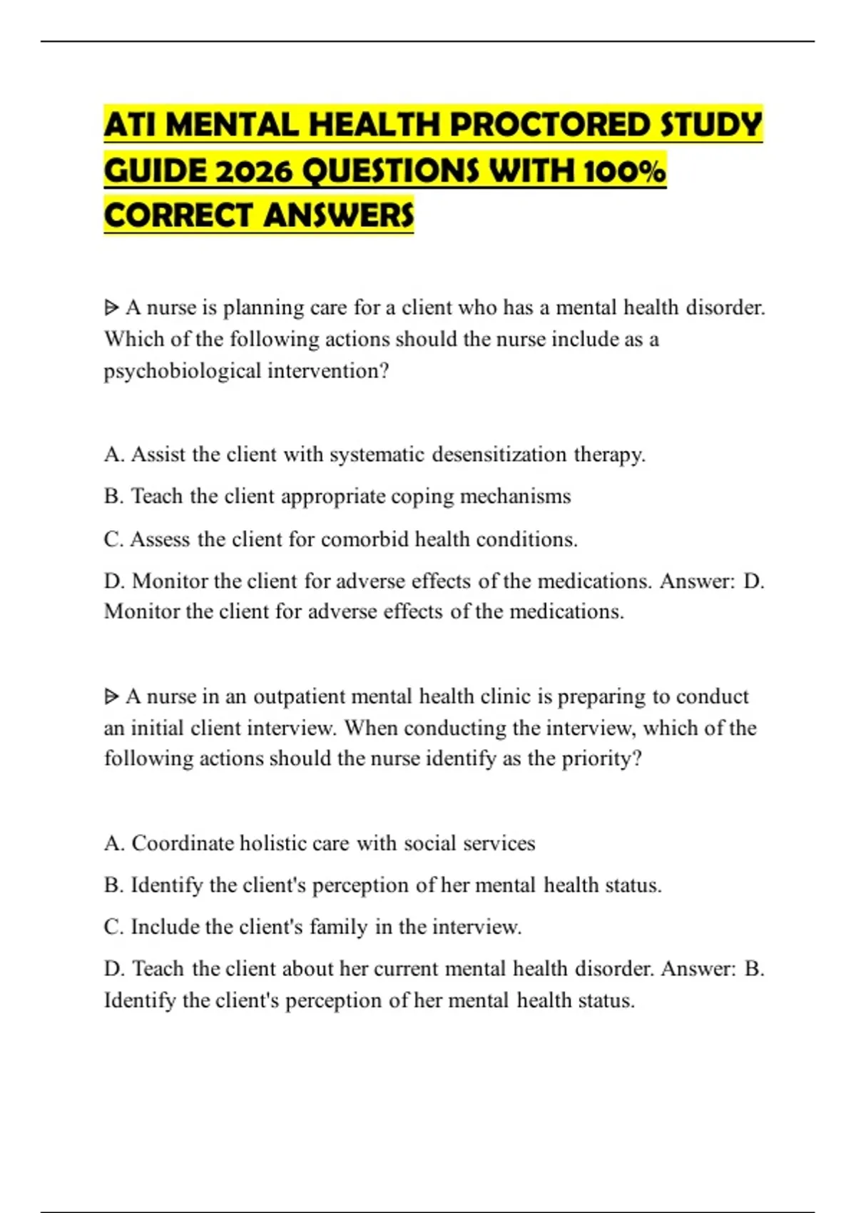 ATI MENTAL HEALTH PROCTORED STUDY GUIDE 2026 QUESTIONS WITH 100% ...