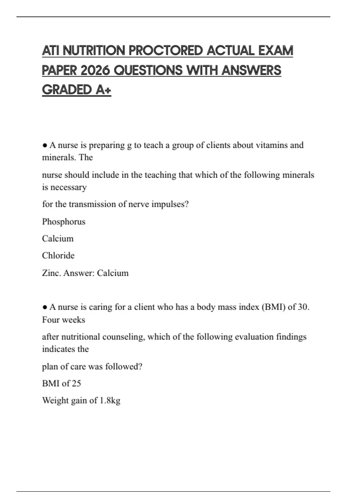 ATI NUTRITION PROCTORED ACTUAL EXAM PAPER 2026 QUESTIONS WITH ANSWERS ...