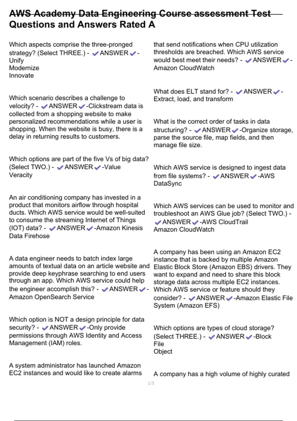 AWS Academy Data Engineering Course assessment Test Questions and ...