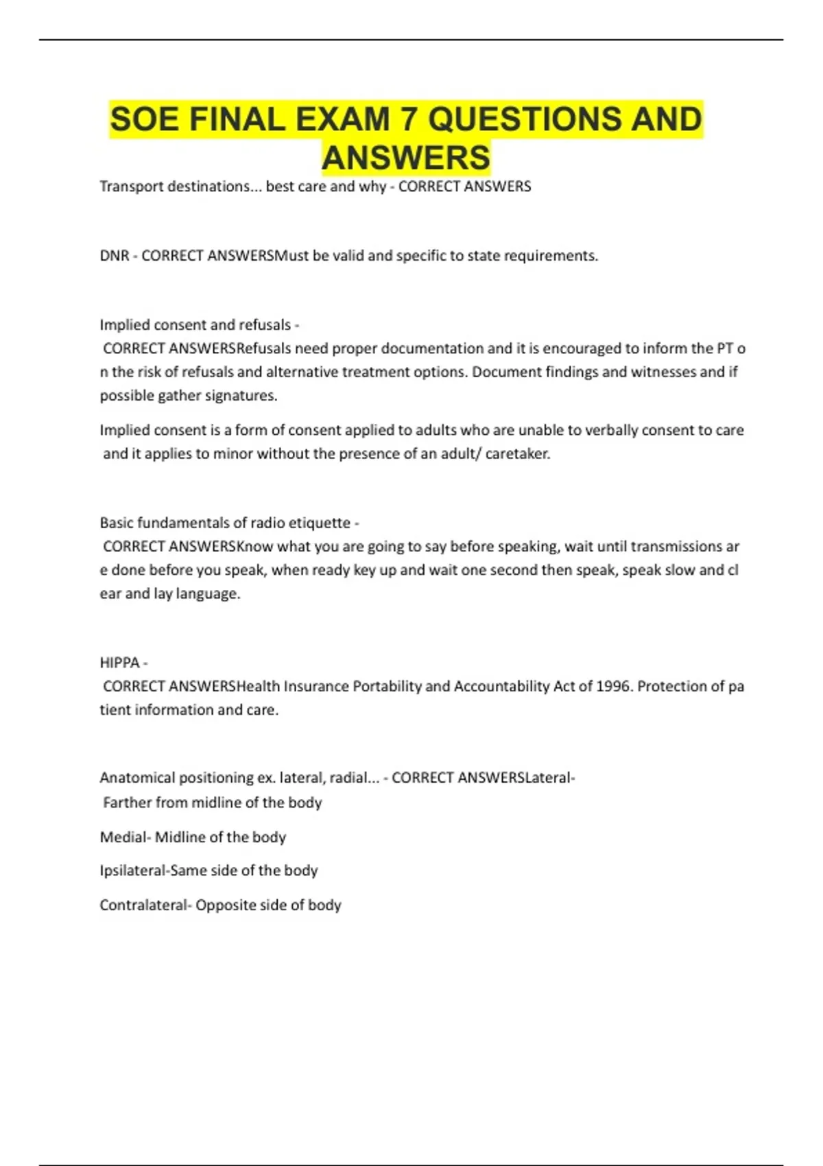 SOE FINAL EXAM 7 QUESTIONS AND ANSWERS.pdf - SOE PARAMEDIC - Stuvia US