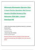 Minnesota Wastewater Operator Class  C Exam Practice Questions And Correct  Answers &lpar;Verified Answers&rpar; Plus  Rationales 2026 Q&A &vert; Instant  Download Pdf