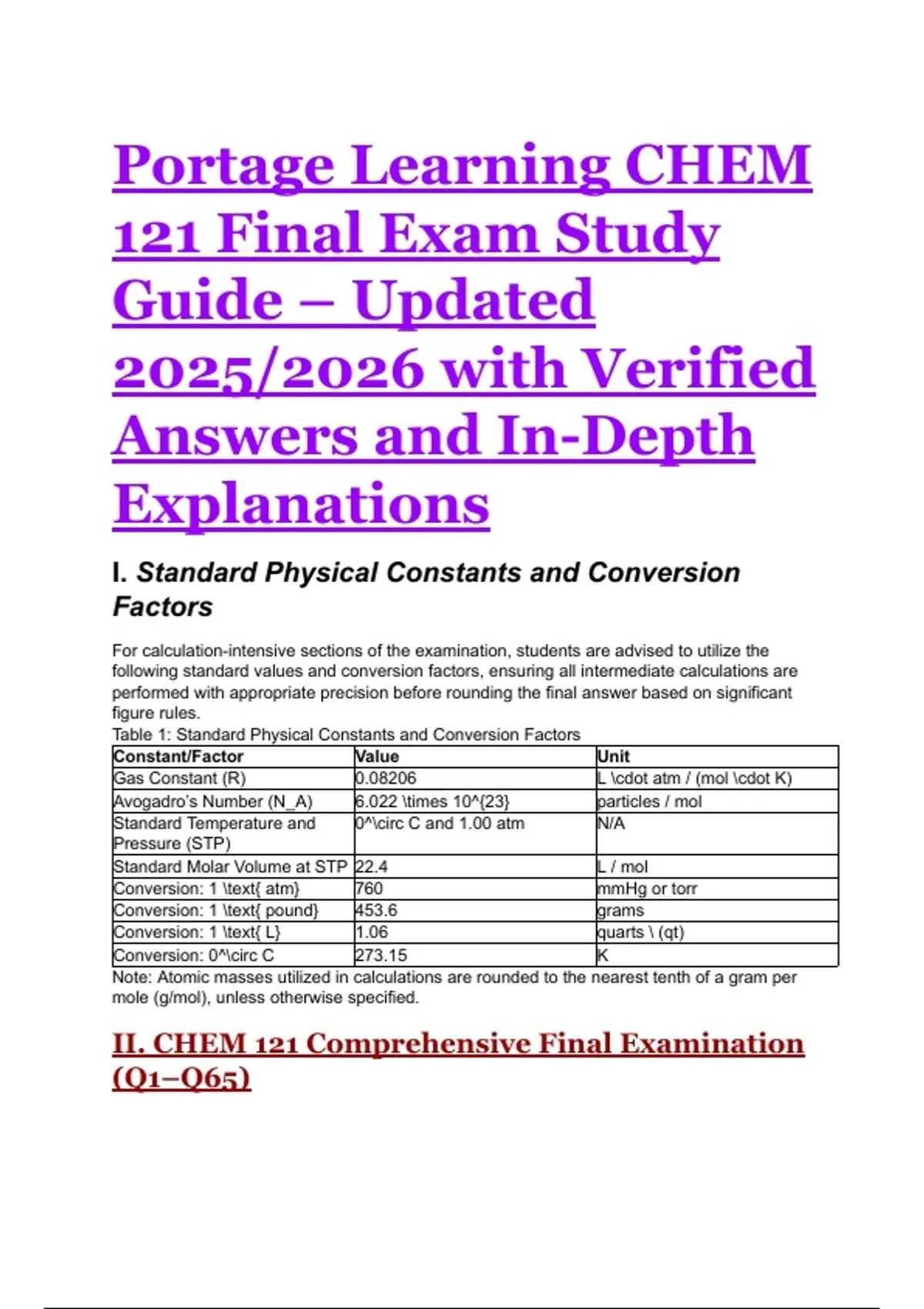 CHEM 121 – Portage Learning (2025/2026) – Comprehensive Final Exam ...
