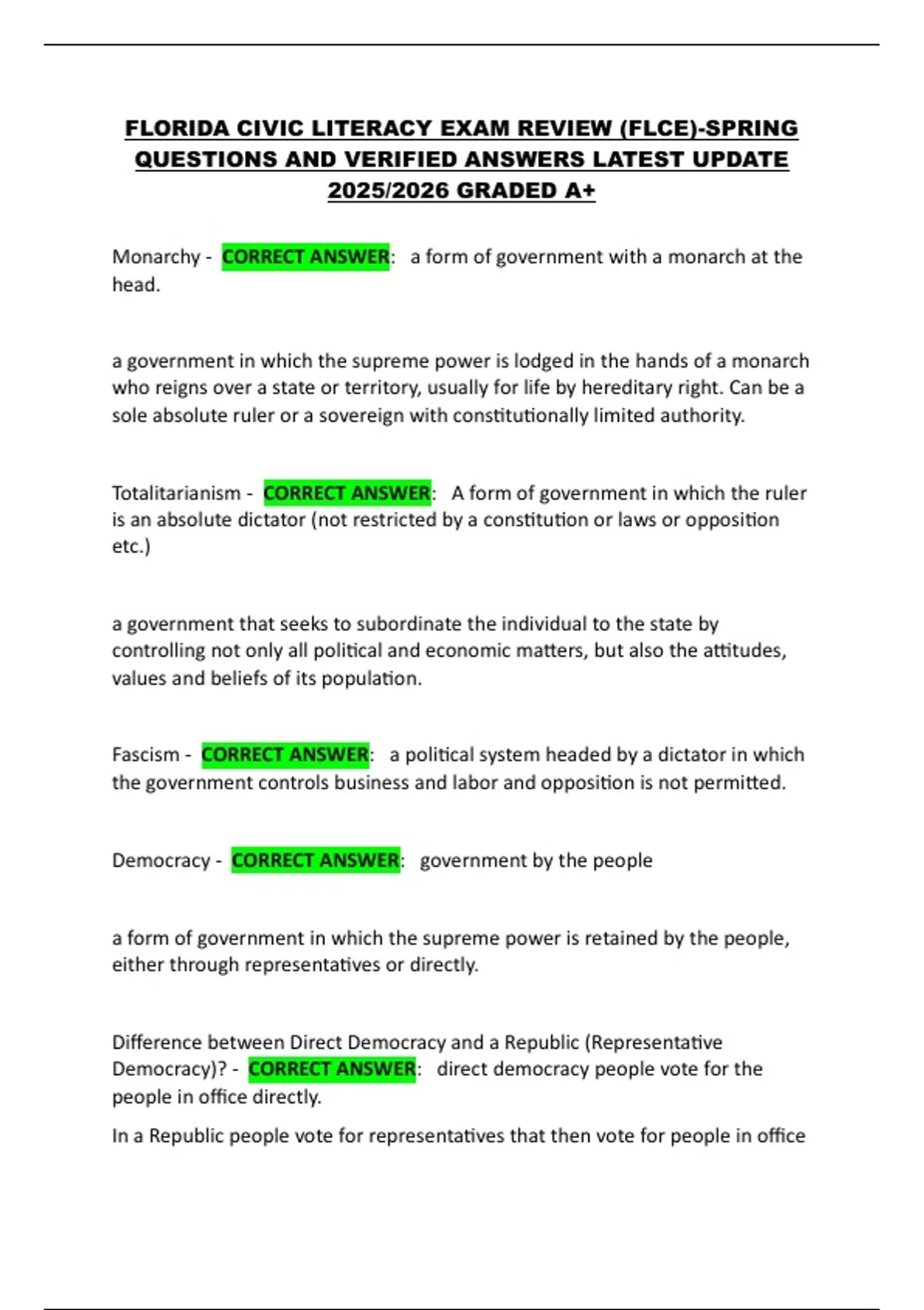 Flce Study Guide FLORIDA CIVIC LITERACY EXAM (FLCE)-SPRING QUESTIONS AND VERIFIED ...