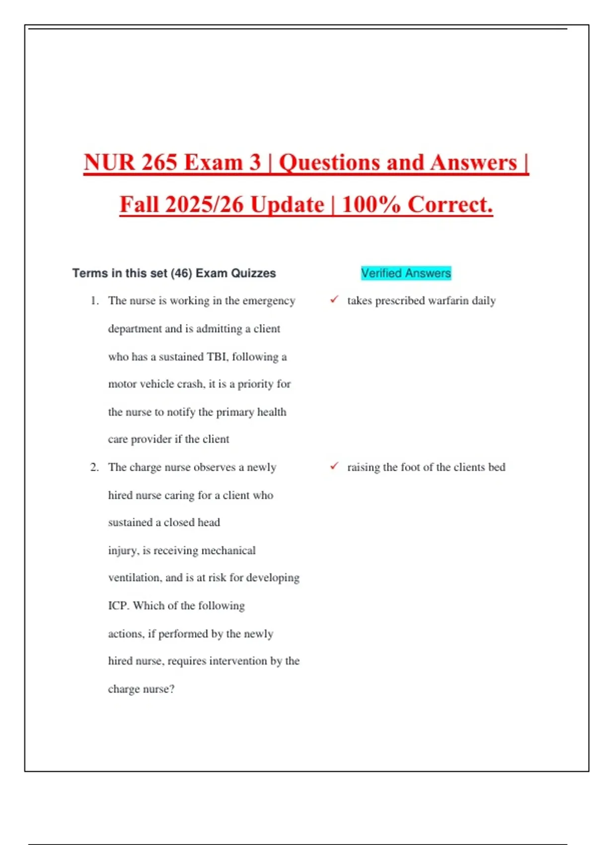 NUR 265 Exam 3 | Questions and Answers | Fall 2025/26 Update | 100% ...