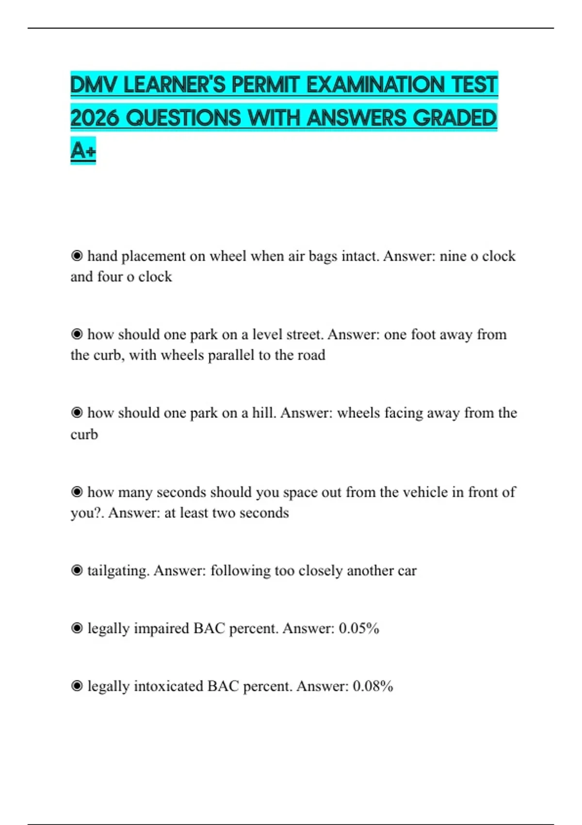 DMV LEARNER'S PERMIT EXAMINATION TEST 2026 QUESTIONS WITH ANSWERS ...
