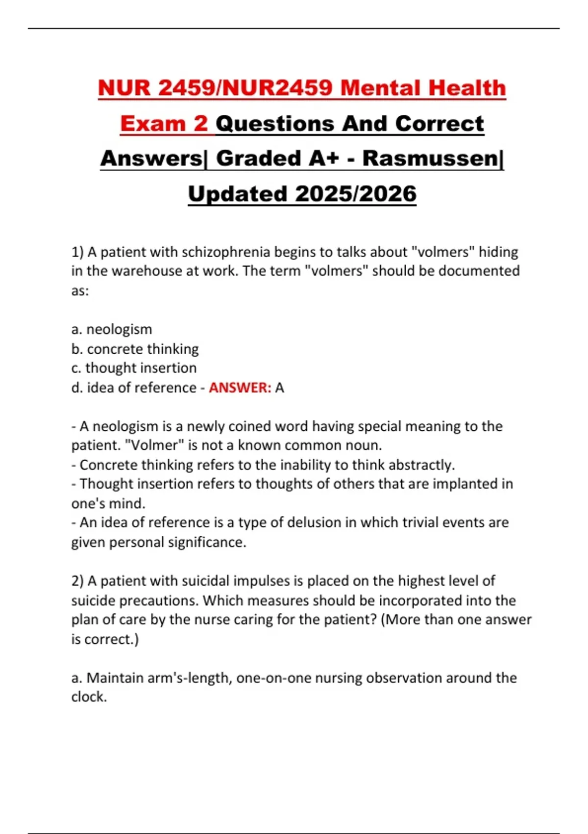 NUR 2459/NUR2459 Mental Health Exam 2 Questions And Correct Answers ...