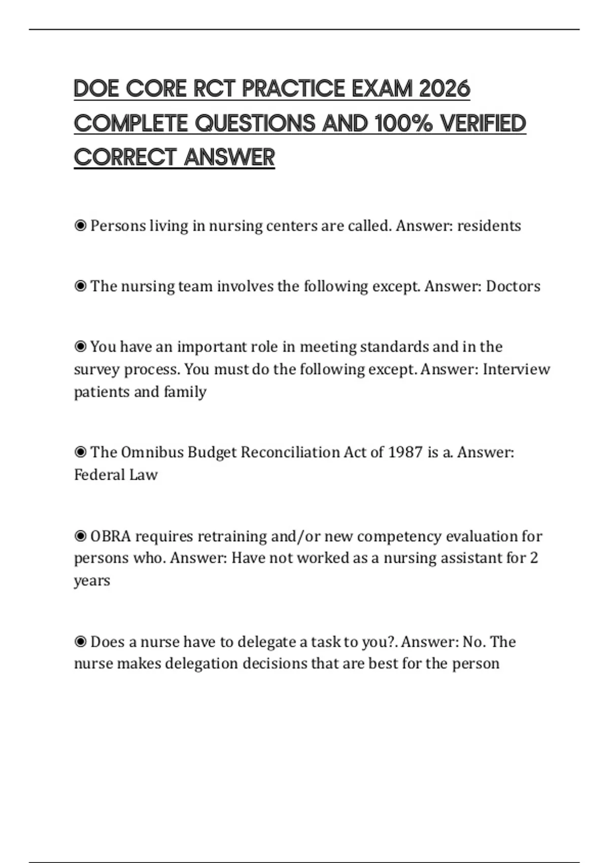 Doe Rct DOE CORE RCT PRACTICE EXAM 2026 COMPLETE QUESTIONS AND 100% VERIFIED ...