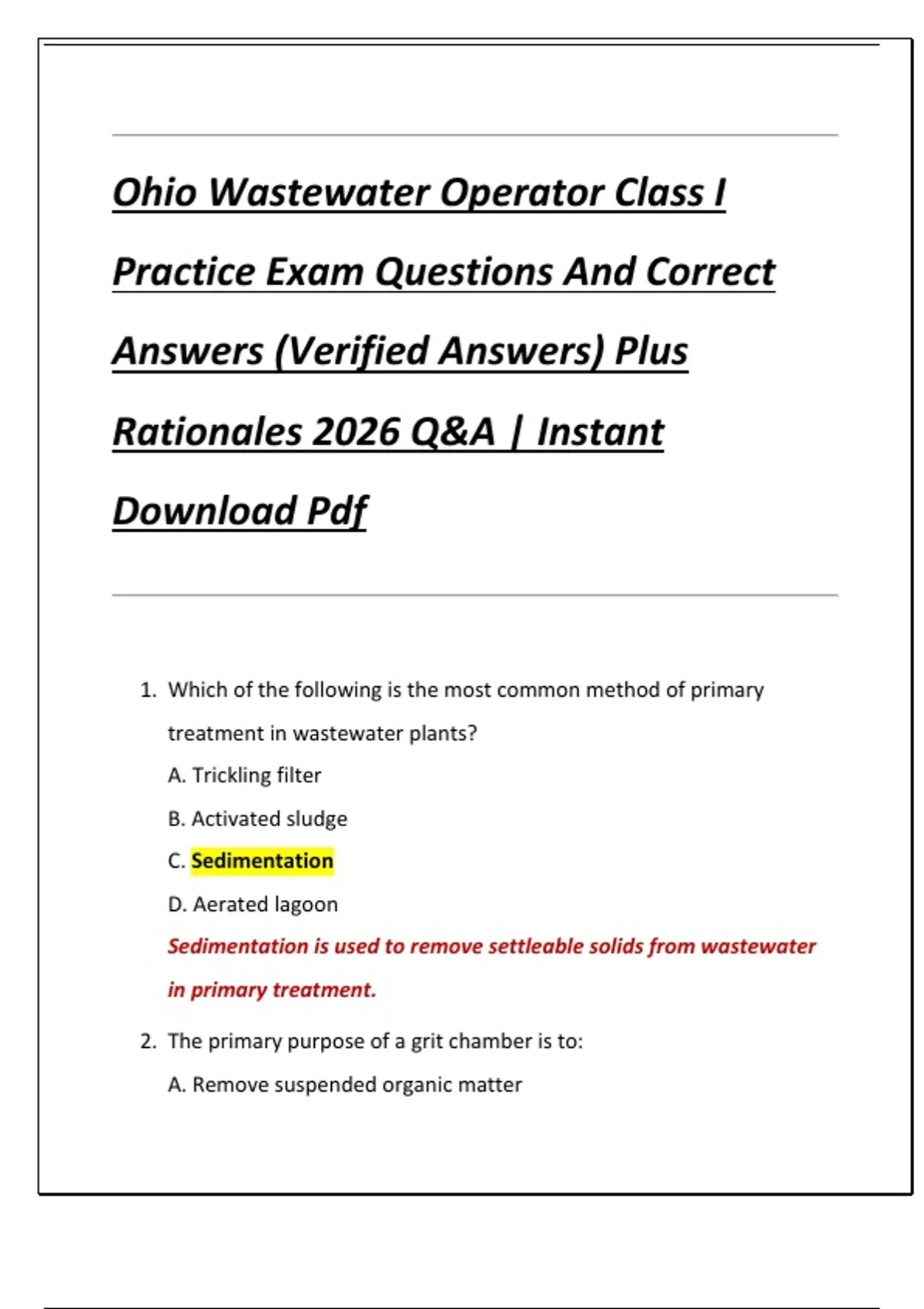 Ohio Wastewater Operator Class I Practice Exam Questions And Correct ...