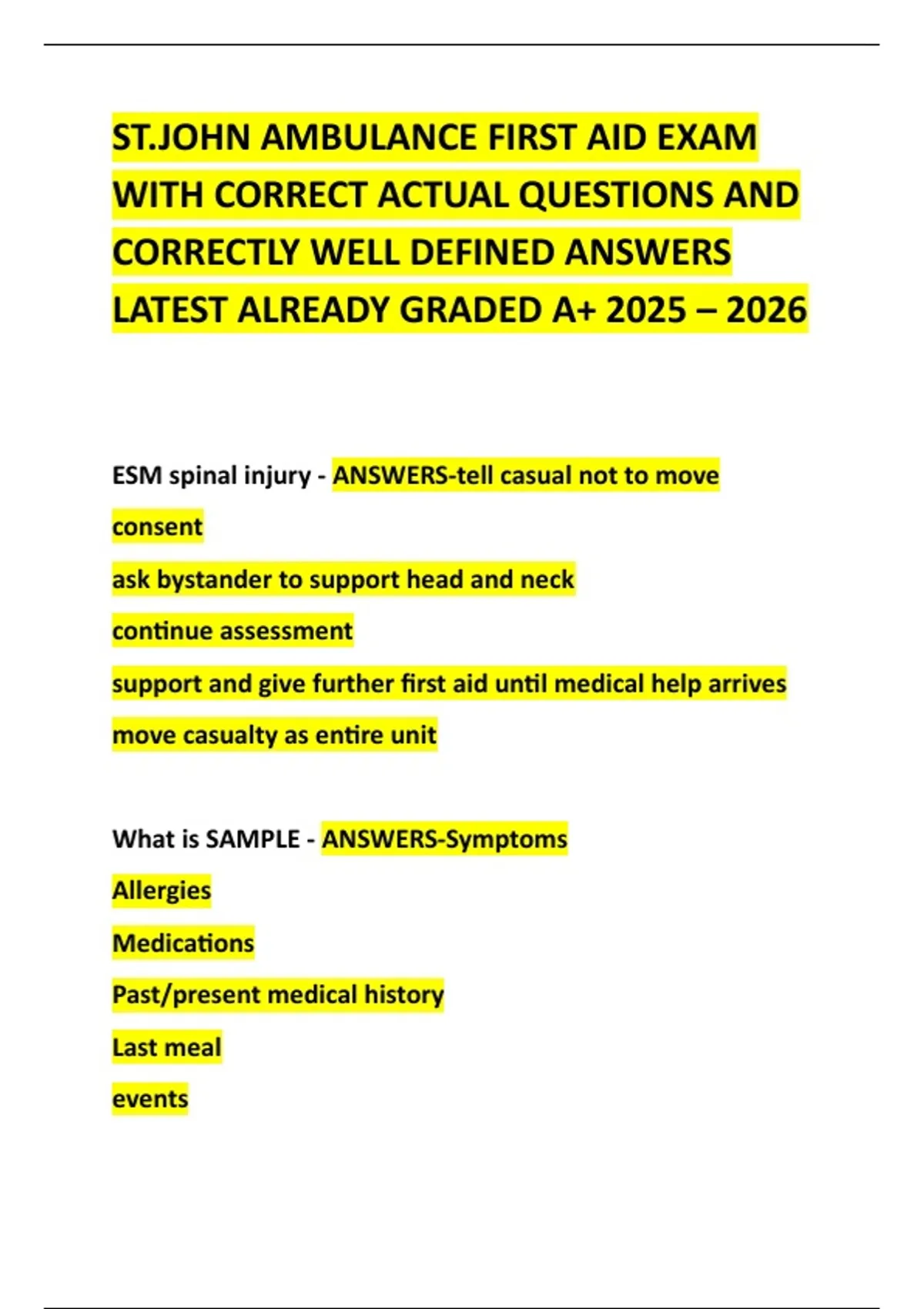 Sam Interview Questions First Aid ST.JOHN AMBULANCE FIRST AID EXAM WITH CORRECT ACTUAL QUESTIONS AND ...