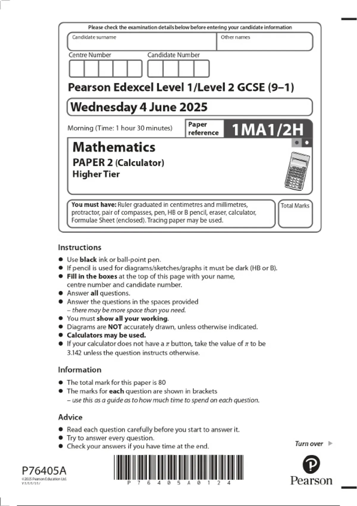 2025 Pearson Edexcel Level 1/Level 2 GCSE (9–1) Mathematics PAPER 2 ...