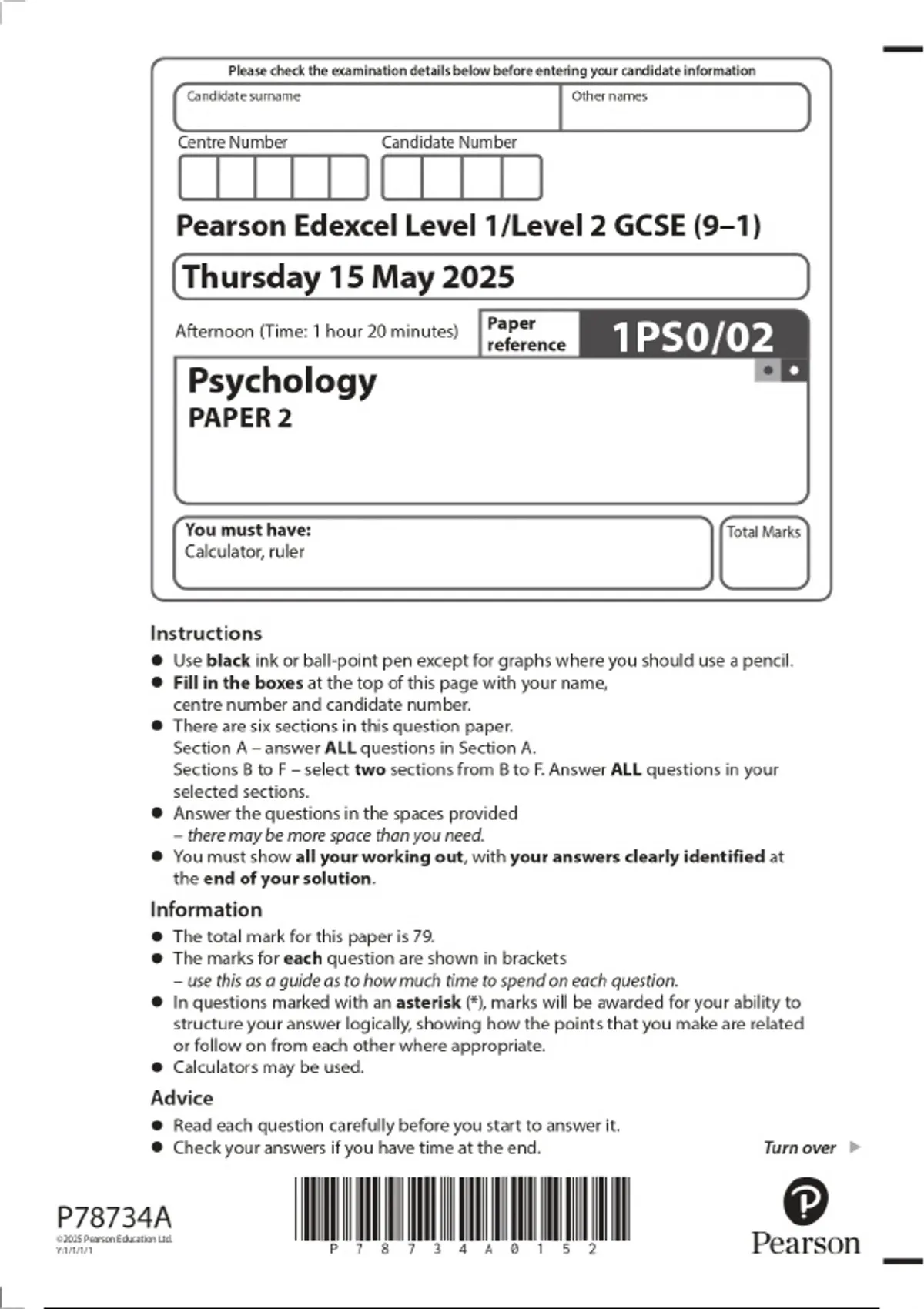 2025 Pearson Edexcel Level 1/Level 2 GCSE (9–1) Psychology PAPER 2 ...