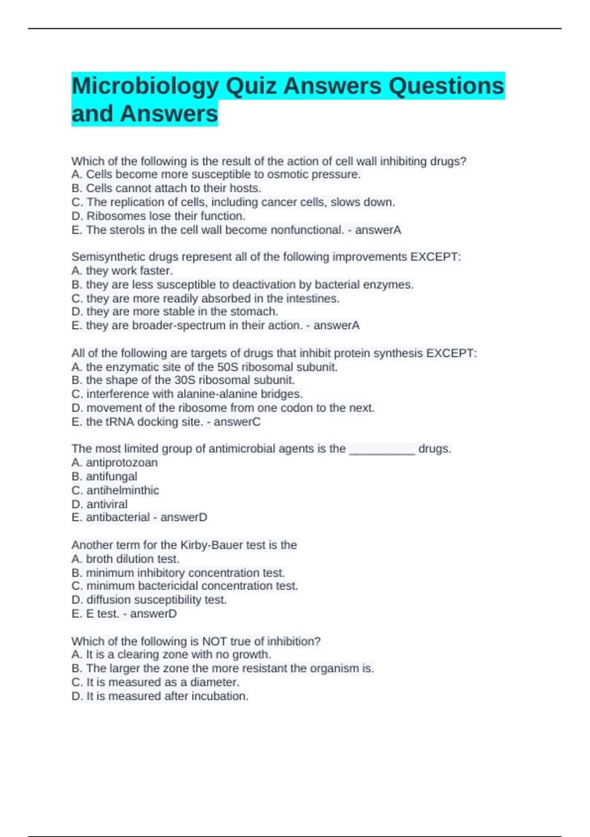 Microbiology Quiz Answers Questions and Answers - MICROBIOLOGY - Stuvia US