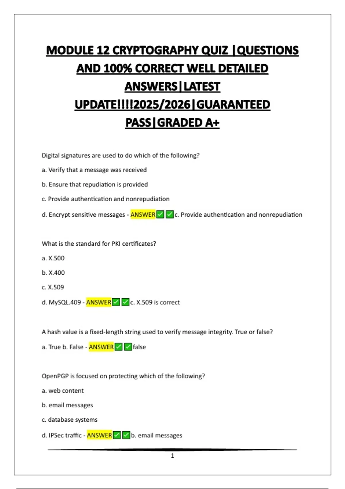 MODULE 12 CRYPTOGRAPHY QUIZ |QUESTIONS AND 100% CORRECT WELL DETAILED ...