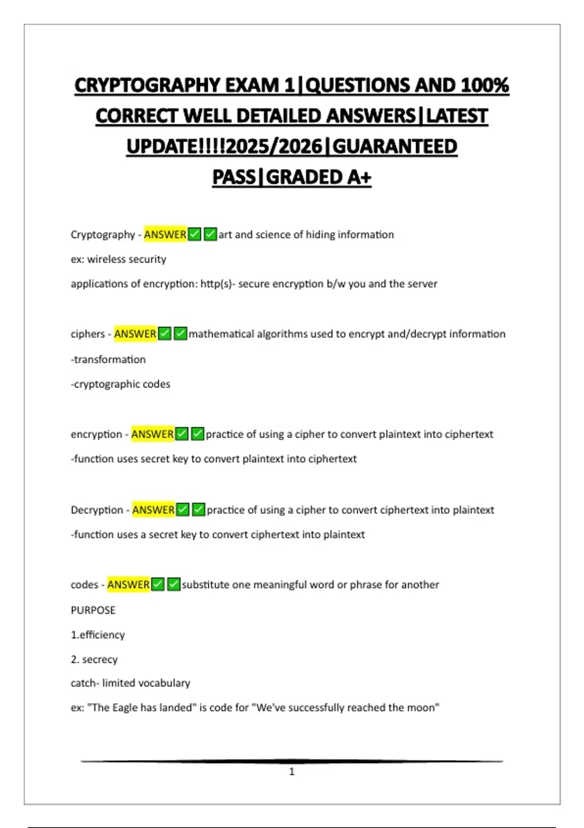CRYPTOGRAPHY EXAM 1|QUESTIONS AND 100% CORRECT WELL DETAILED ANSWERS ...