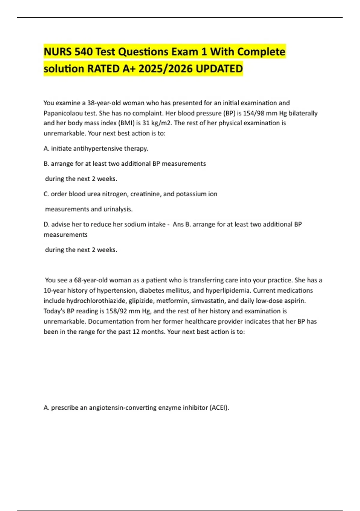 NURS 540 Test Questions Exam 1 With Complete solution RATED A+ 2025/ ...