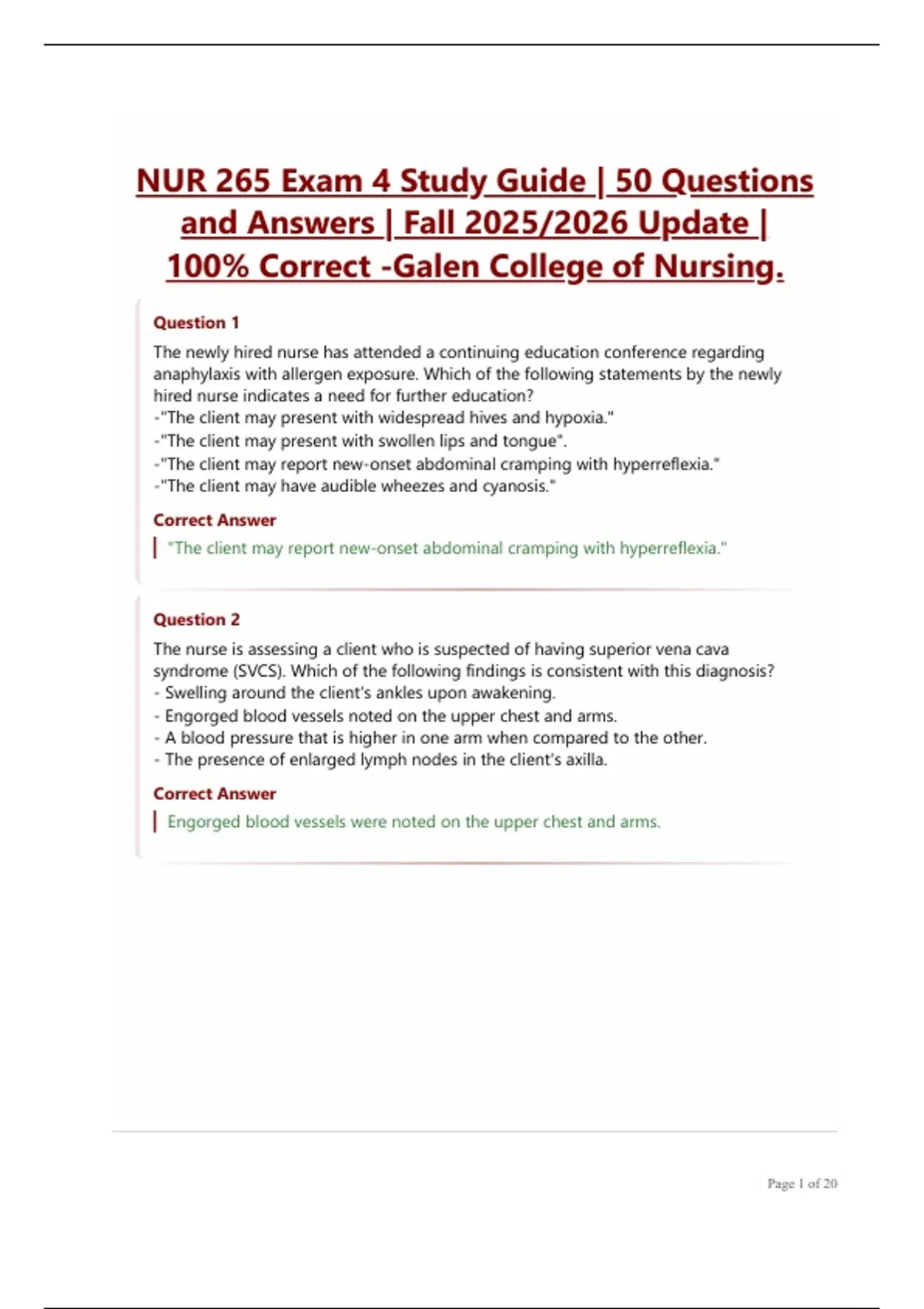 NUR 265 Exam 4 Study Guide | 50 Questions and Answers | Fall 2025/2026 ...