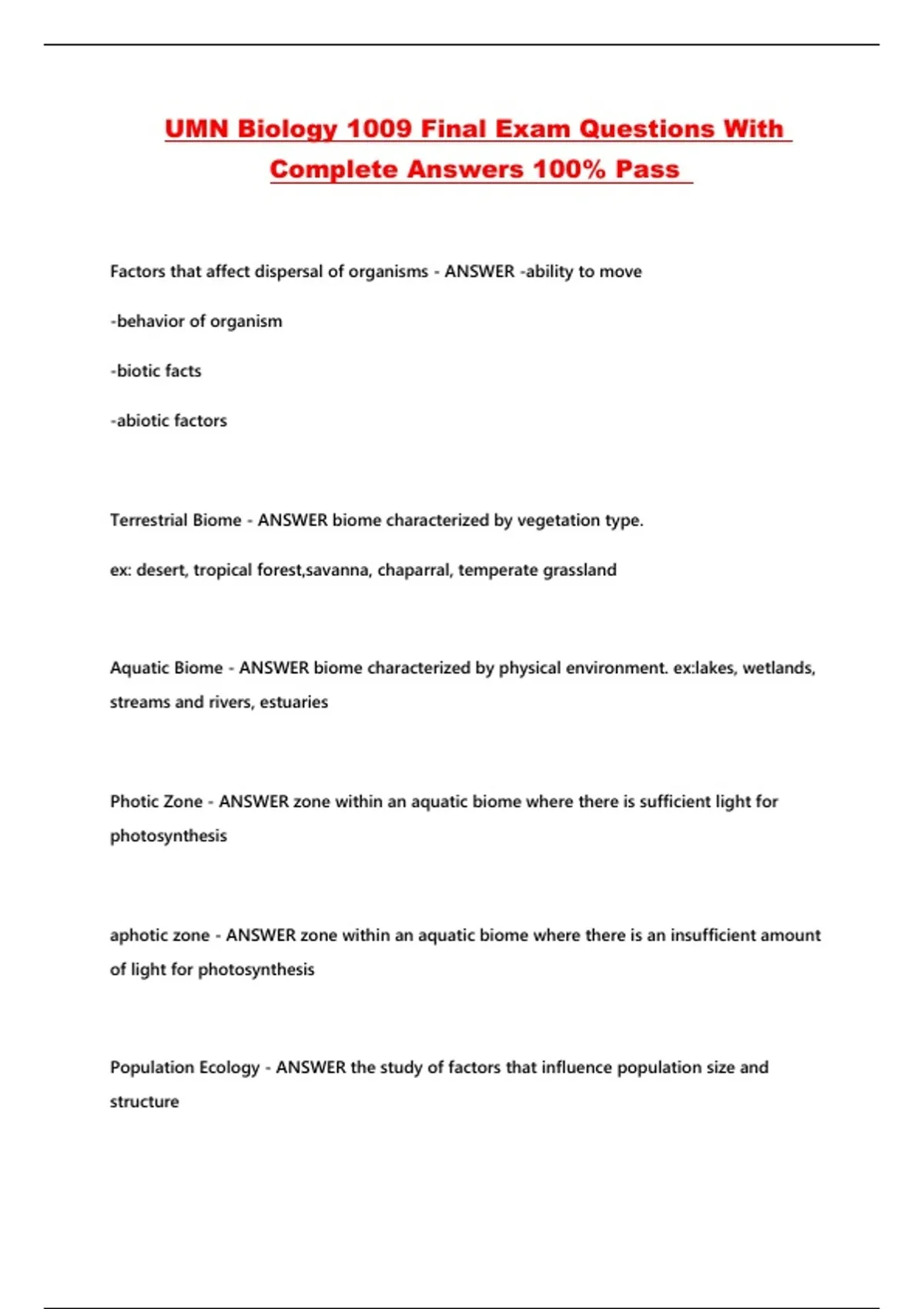 UMN Biology 1009 Final Exam Questions With Complete Answers 100% Pass ...