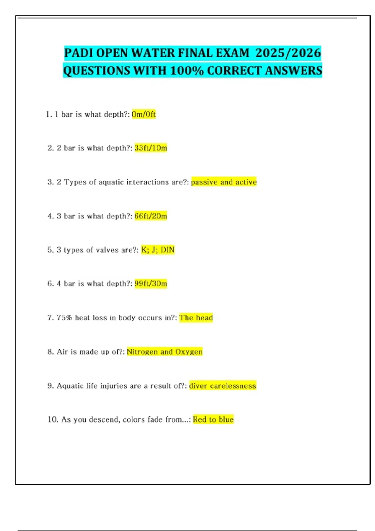 PADI OPEN WATER FINAL EXAM 2025/2026 QUESTIONS WITH 100% CORRECT ANSWERS - PADI OPEN WATER FINA ...