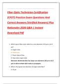 Fiber Optic Technician Certification  &lpar;CFOT&rpar; Practice Exam Questions And  Correct Answers &lpar;Verified Answers&rpar; Plus  Rationales 2026 Q&A &vert; Instant  Download Pdf