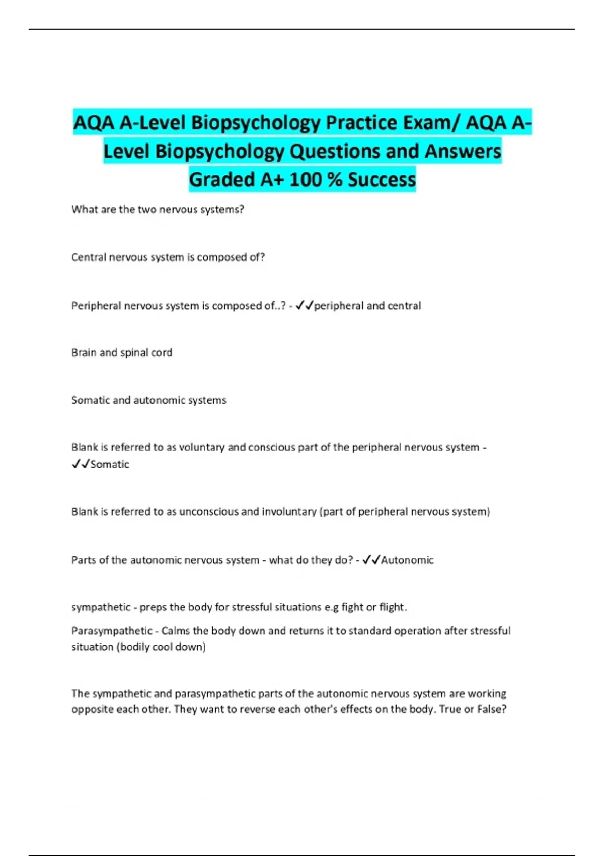 AQA A-Level Biopsychology Practice Exam/ AQA ALevel Biopsychology ...