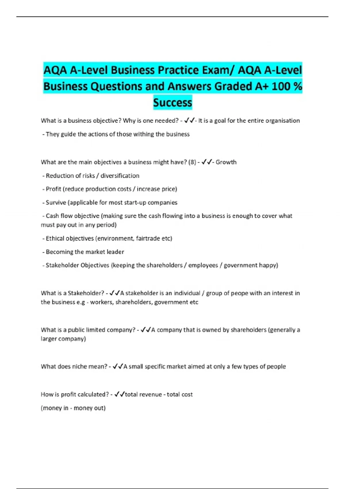 AQA A-Level Business Practice Exam/ AQA A-Level Business Questions and ...