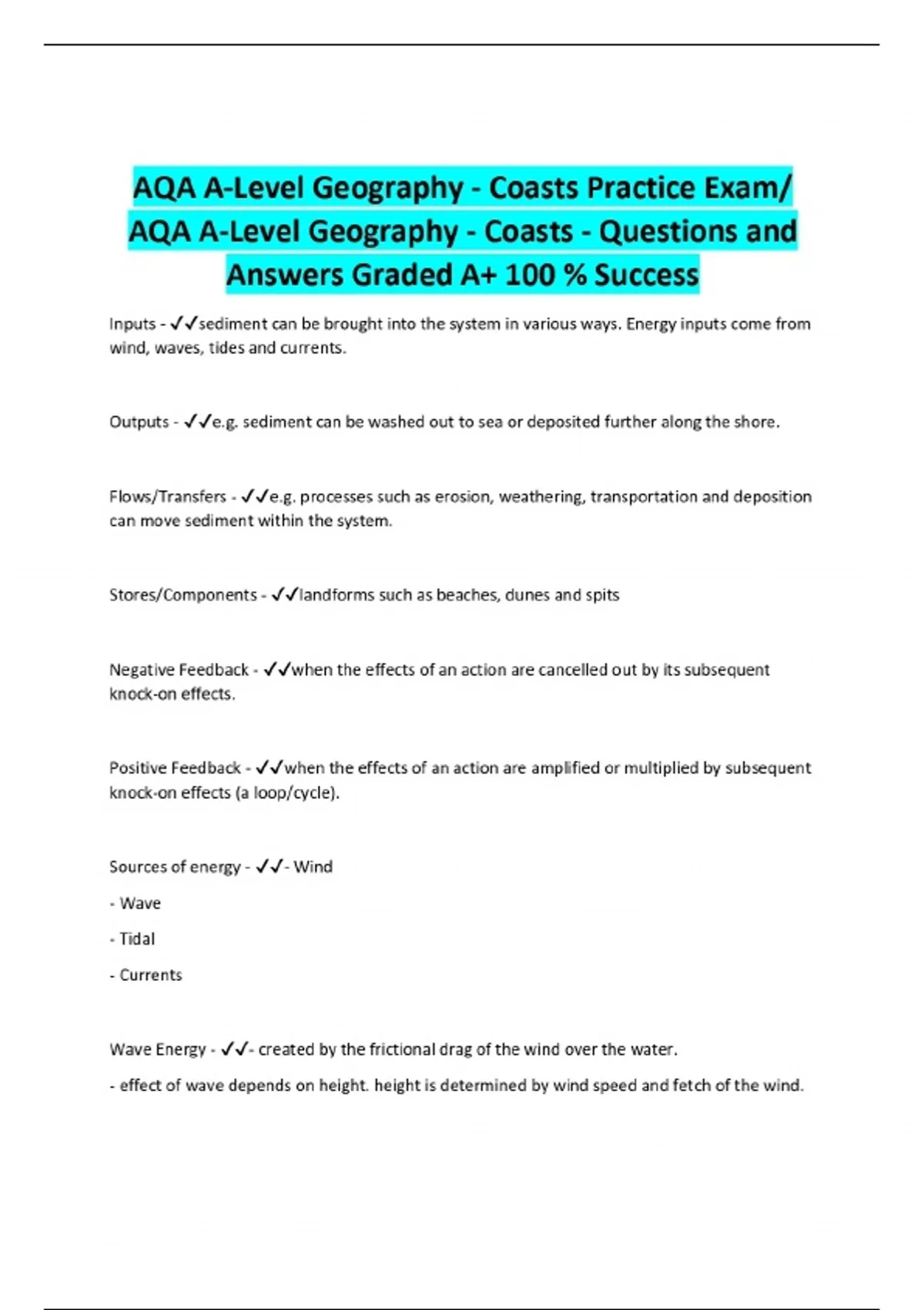 AQA A-Level Geography - Coasts Practice Exam/ AQA A-Level Geography