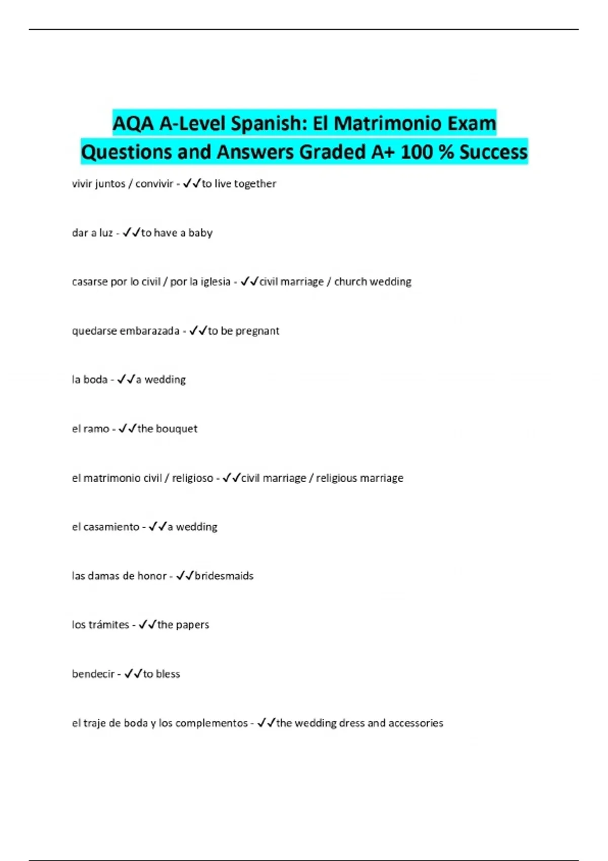 AQA A-Level Spanish: El Matrimonio Exam Questions and Answers Graded A+ ...