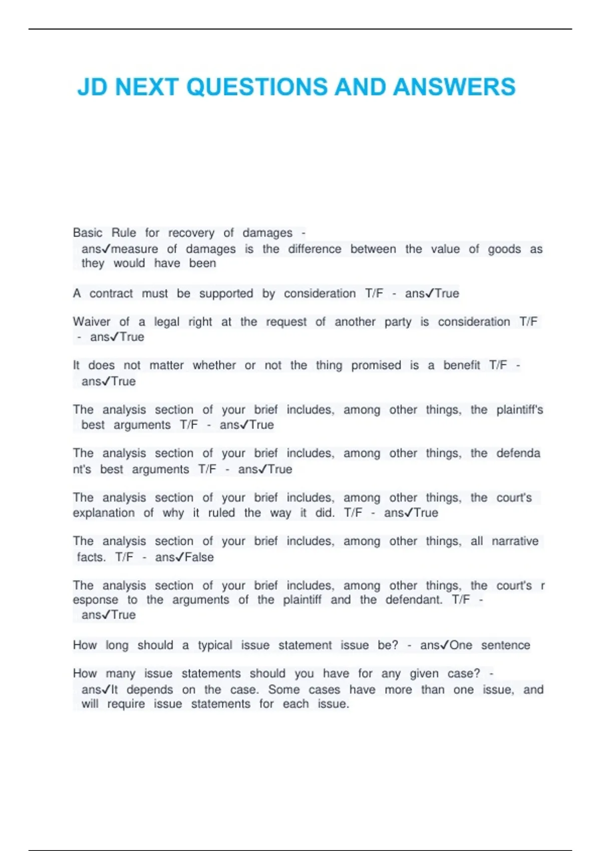JD NEXT QUESTIONS AND ANSWERS9.pdf - JD next - Stuvia US