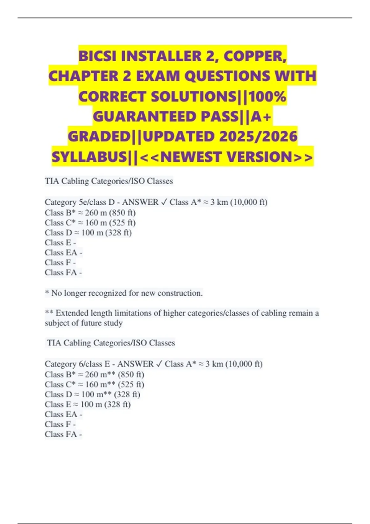 BICSI INSTALLER 2, COPPER, CHAPTER 2 EXAM QUESTIONS WITH CORRECT ...
